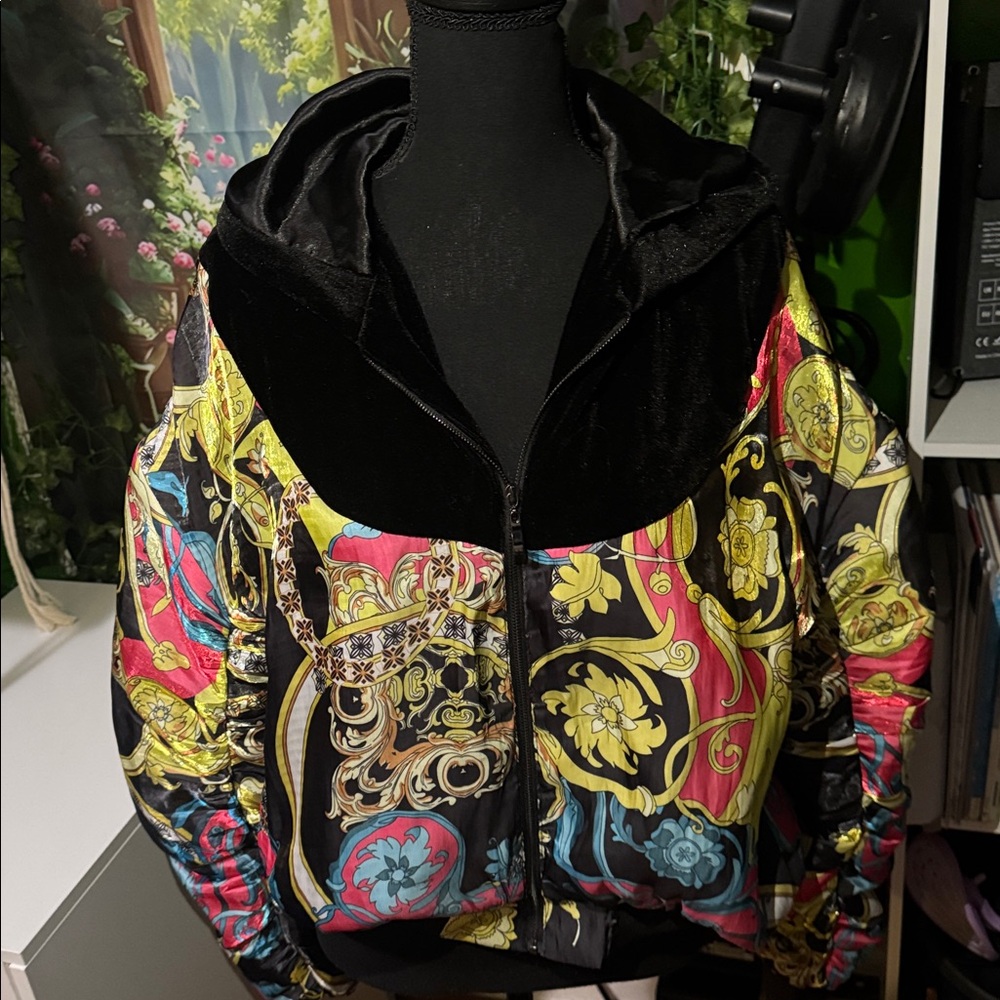Colorful Baroque Print Jacket with Black Velvet Hood